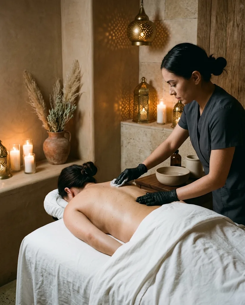An esthetician cleanses a guest's upper back during a back facial