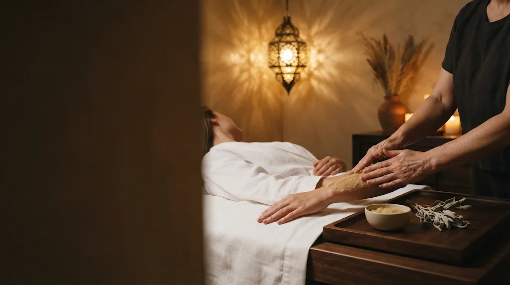 A therapist works a sugar scrub over a guest's arm