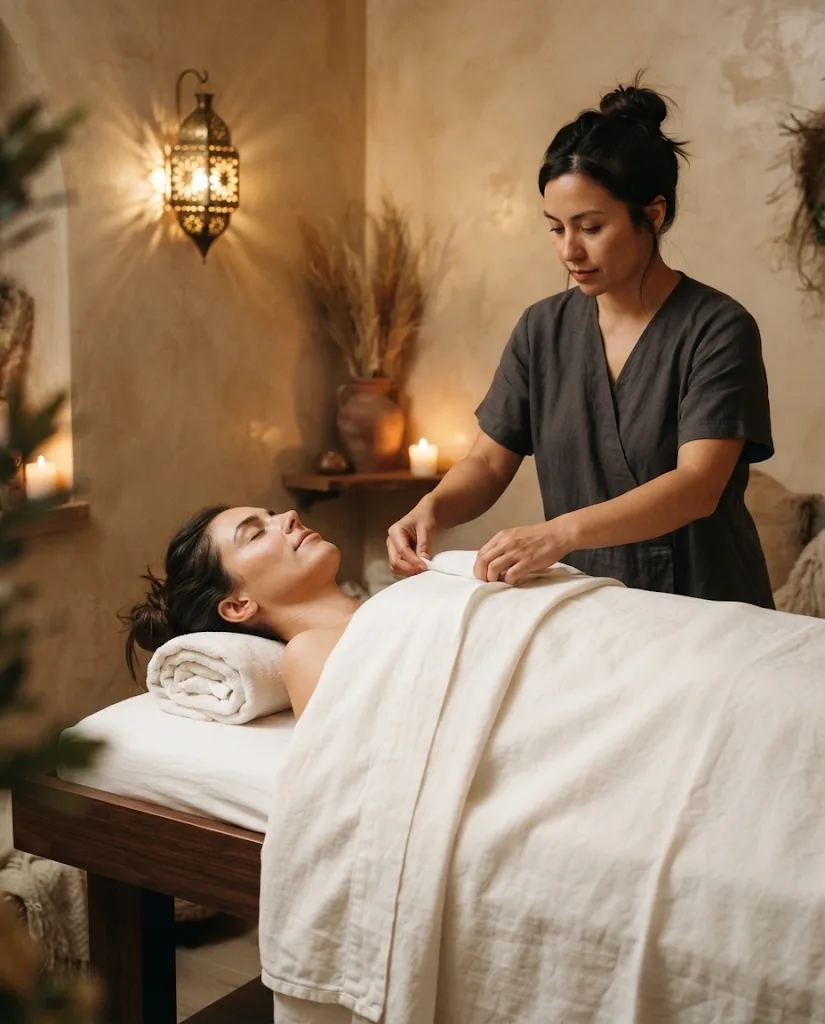 A therapist folds a warm wrap around a resting guest