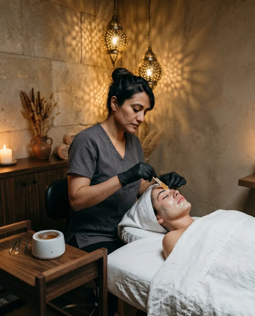 Esthetician shaping a guest’s brows