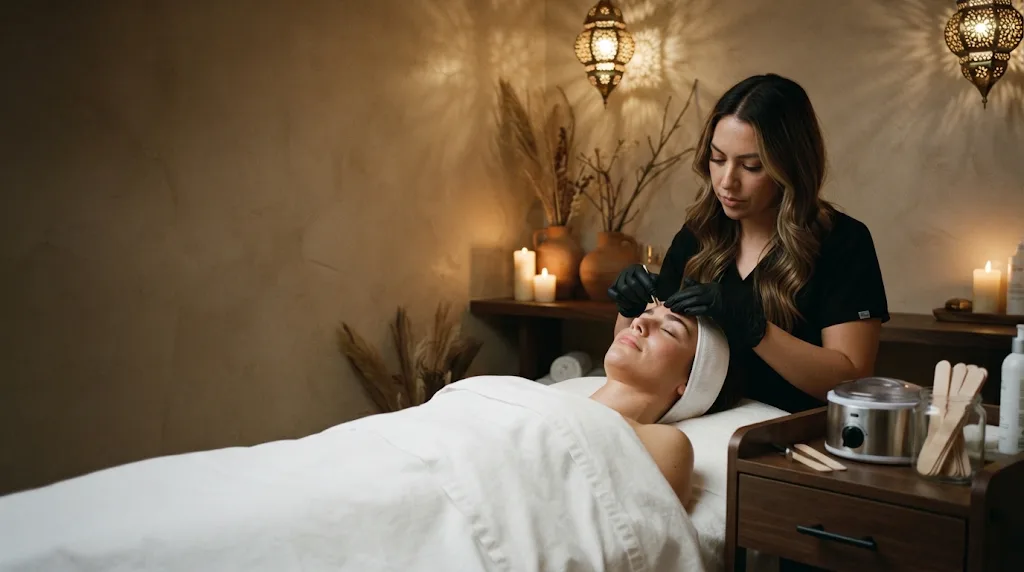 An esthetician shapes a guest's brows during a brow wax