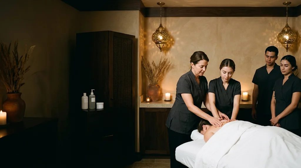 An experienced therapist guides a newer therapist during training
