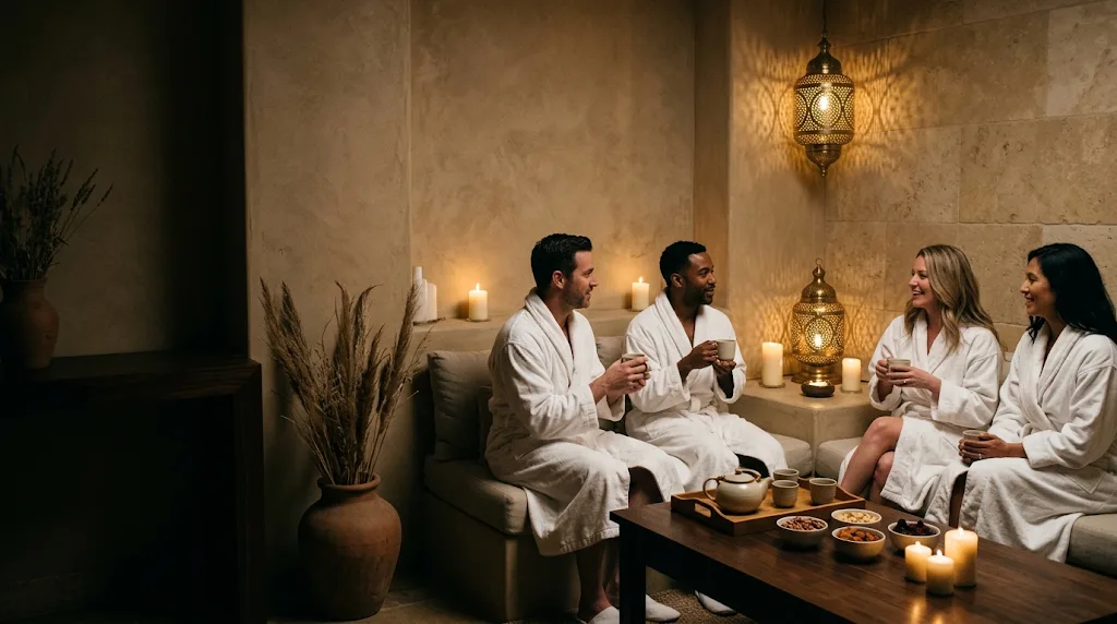 Coworkers in robes talk over tea in the relaxation lounge