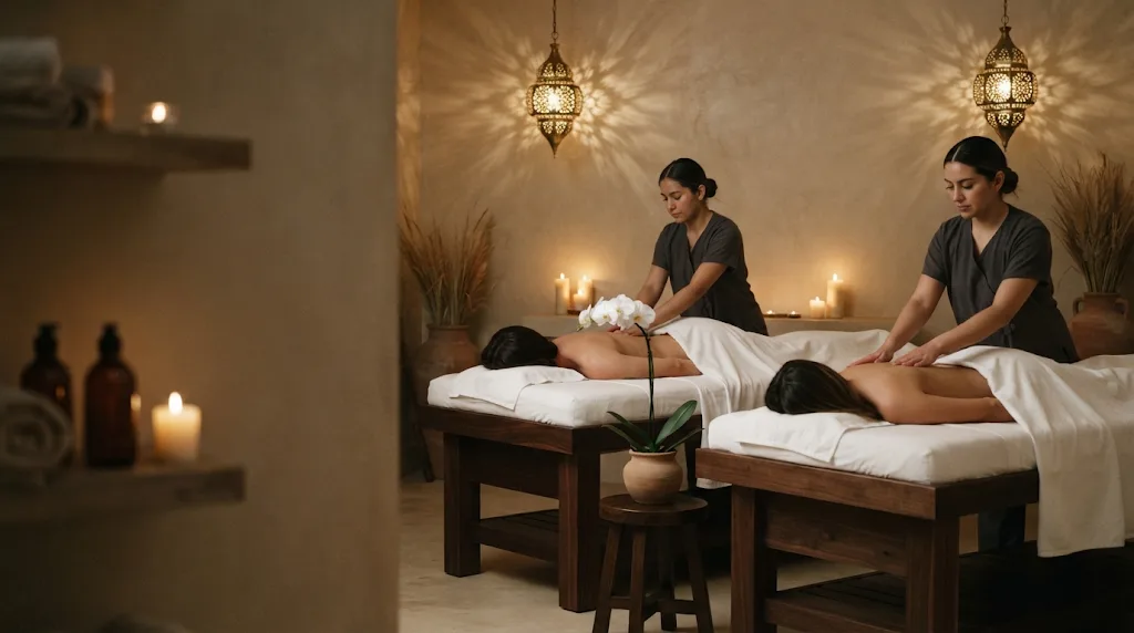 Two guests receive massages side by side in the couples suite