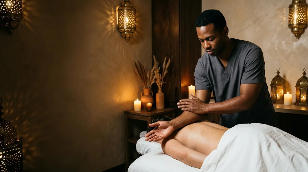 A therapist works slowly along a guest's upper back with his forearm