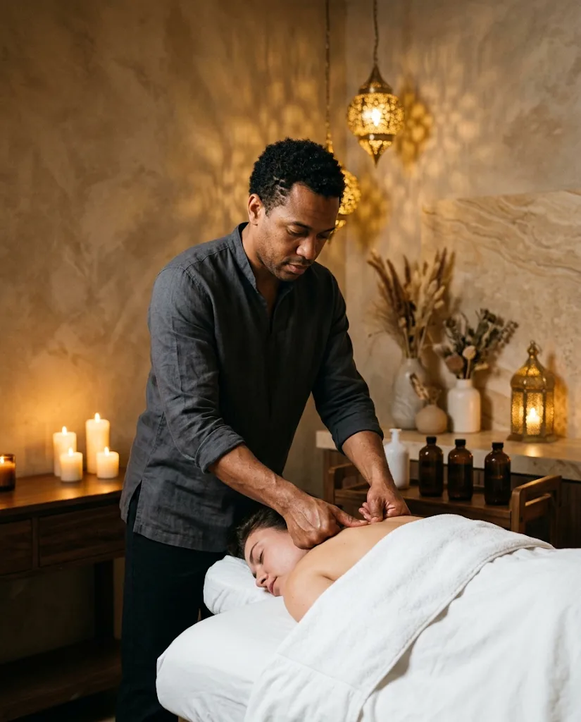 A therapist works on a guest's neck and shoulder during a deep tissue massage