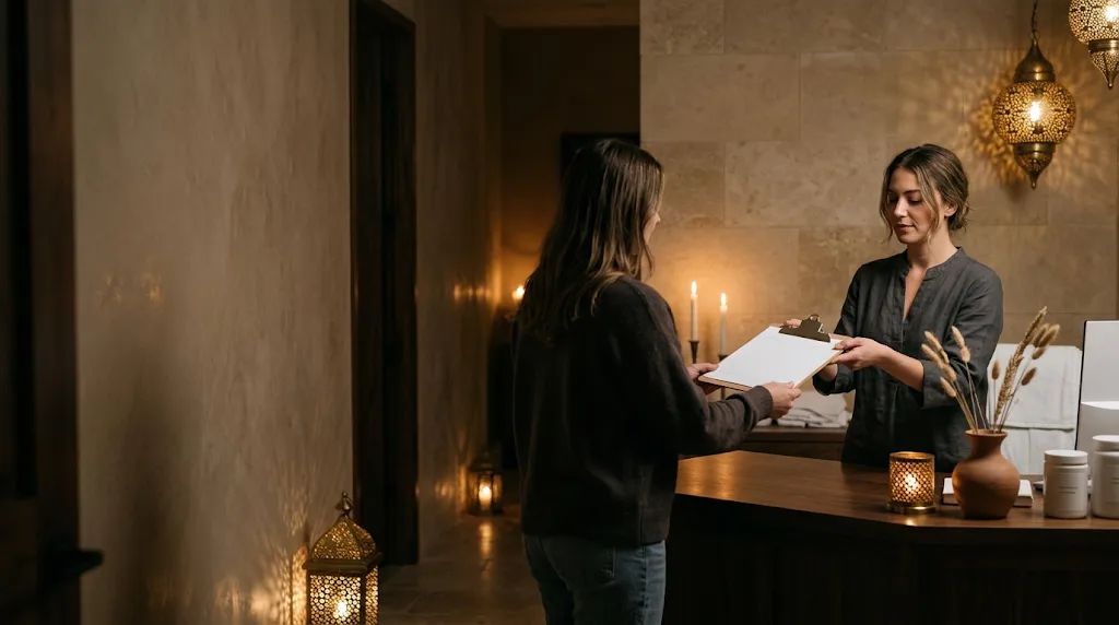 A receptionist hands a guest a health form at the front desk