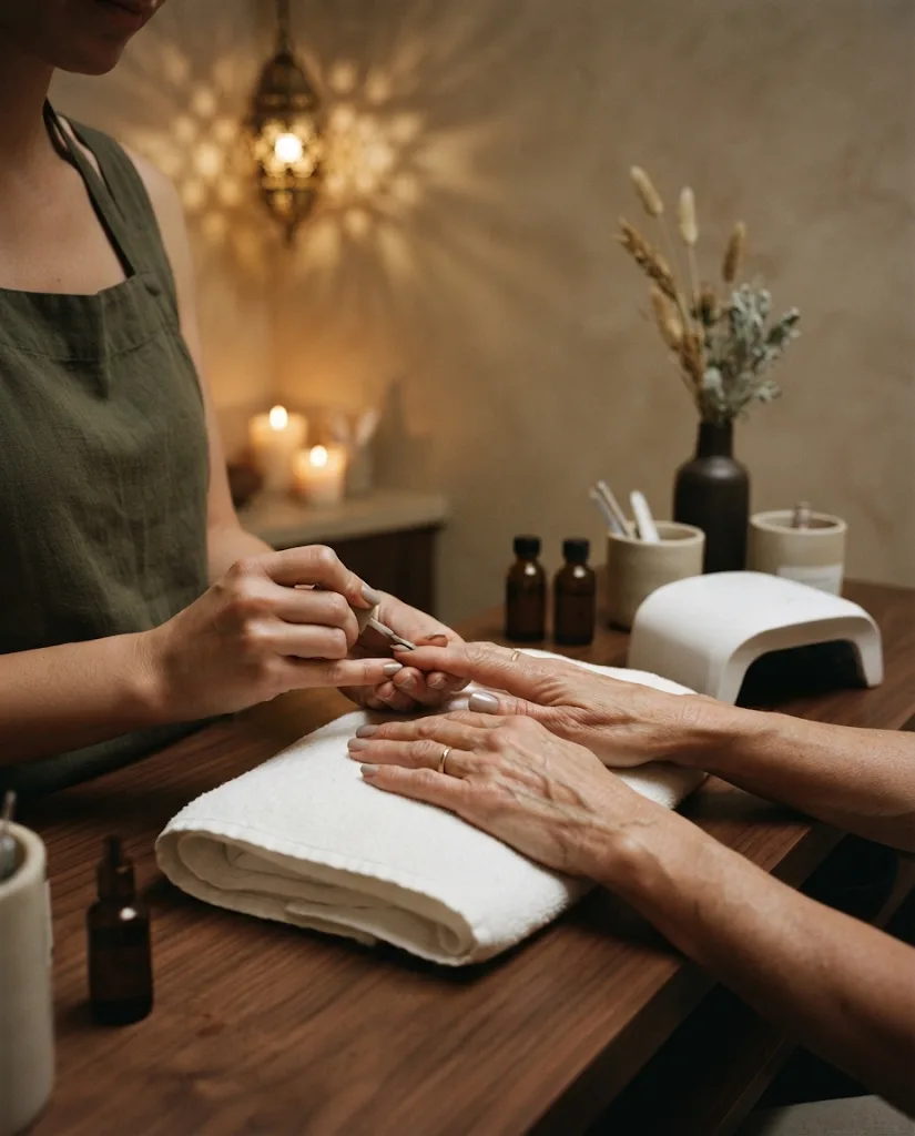 A guest's hands rest on a towel while a nail technician paints gel polish