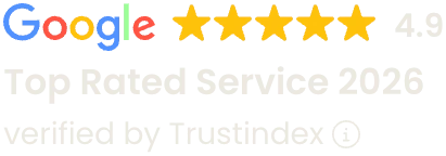 Google rating badge, 4.9 stars, Top Rated Service 2026