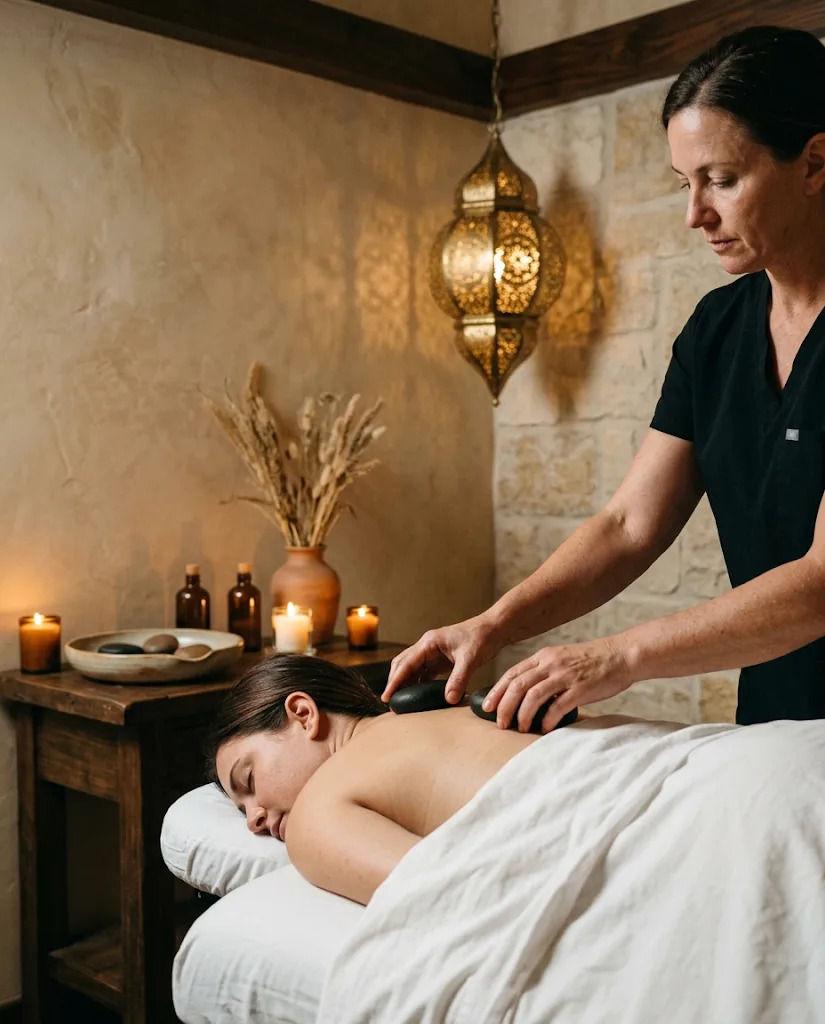 A therapist places warm stones on a guest's upper back