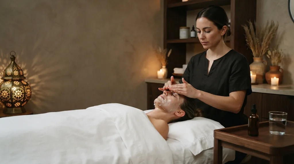 An esthetician presses a hydrating mask onto a guest's face