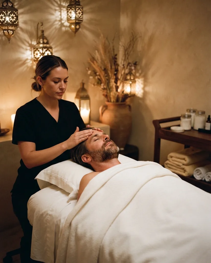 An esthetician massages a man's temples during a facial