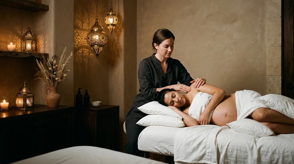 A pregnant guest lies on her side supported by pillows during a prenatal massage