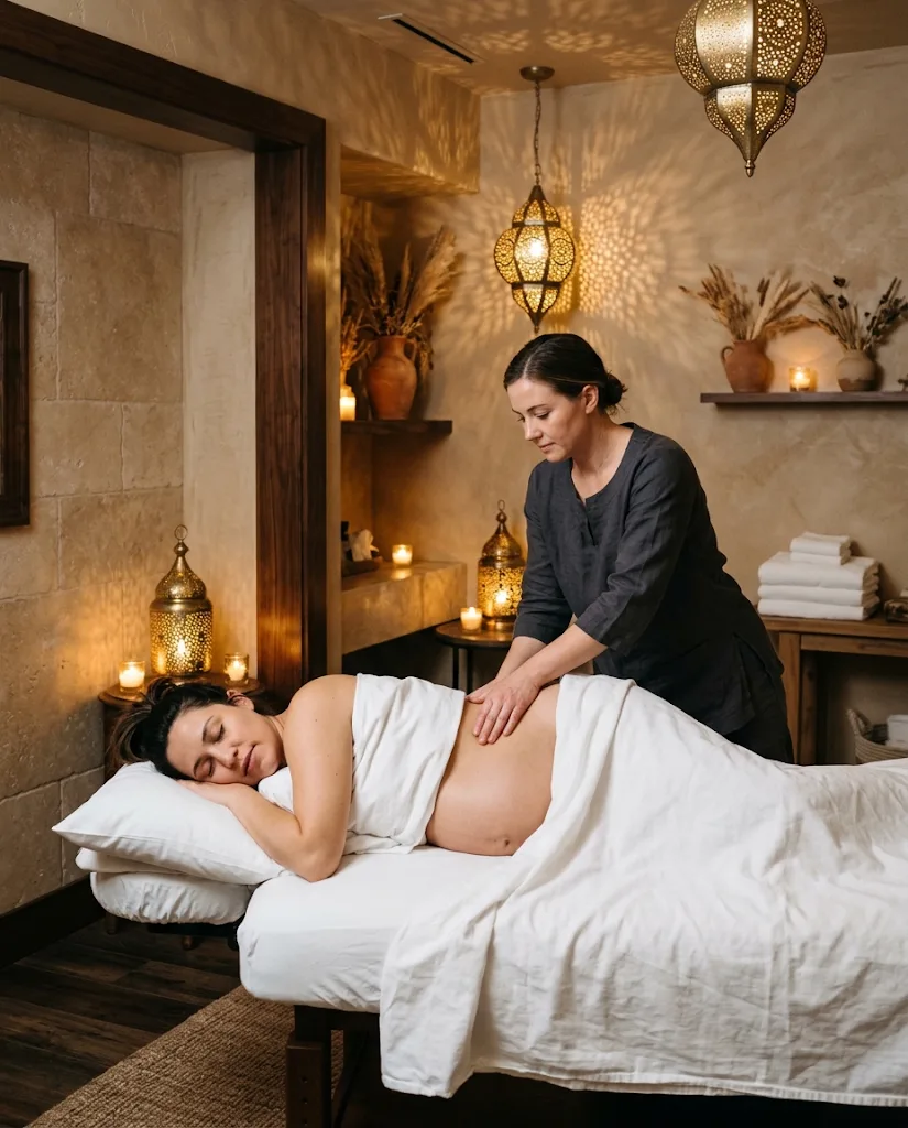 Supportive pillows set up on a massage table for a prenatal session