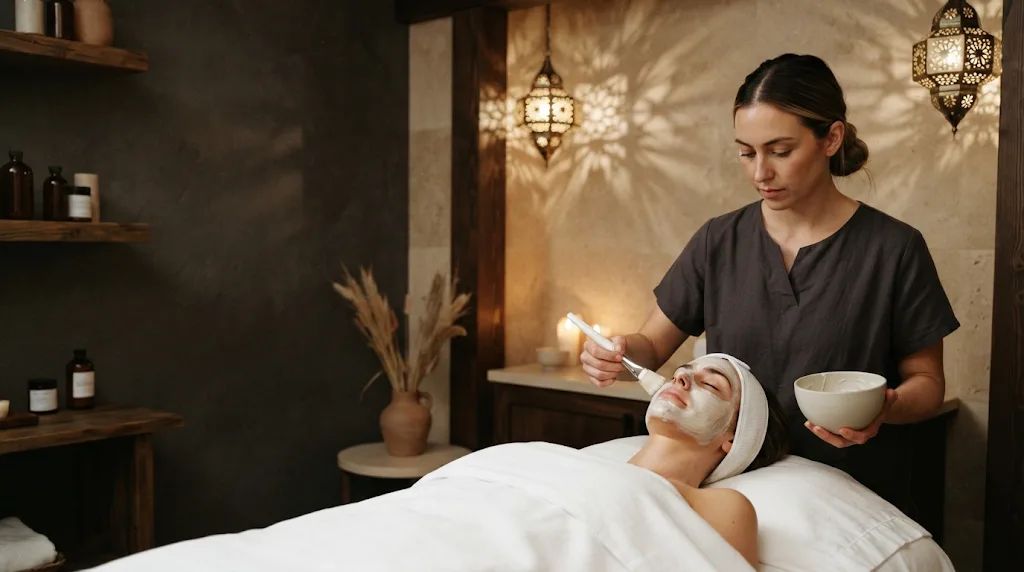 An esthetician brushes a mask onto a guest's face