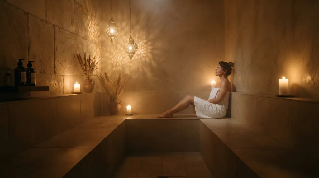 The eucalyptus steam room lit by lanterns